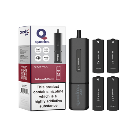 20mg Quadro 2.4K Pod Vape Kit 4 in 1 Black Series 2400 Puffs - Flavour: Cherry Ice