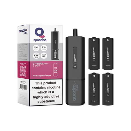 20mg Quadro 2.4K Pod Vape Kit 4 in 1 Black Series 2400 Puffs - Flavour: Strawberry B Gum